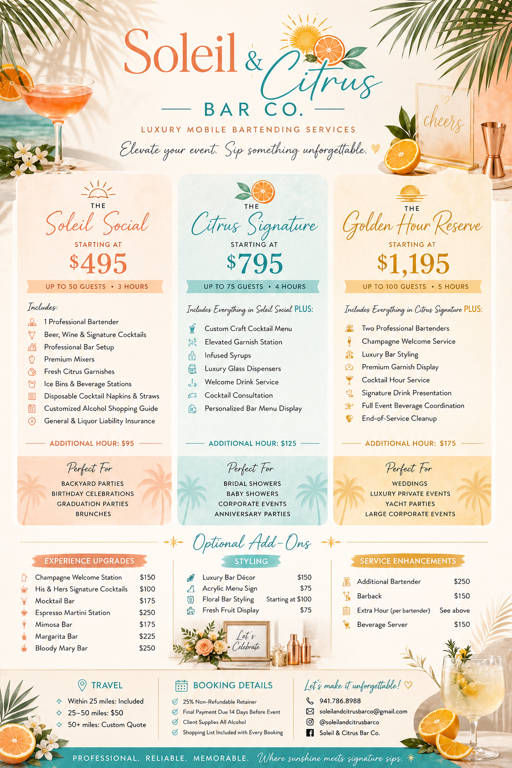 Soleil and Citrus Bar Co. pricing flyer showing The Soleil Social starting at $495, The Citrus Signature starting at $795, The Golden Hour Reserve starting at $1,195, optional add-ons, travel, and booking details.